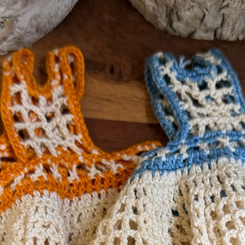 Vintage Crochet Dress Dish Towels Potholders Set Cottage Farmhouse Kitchen Decor